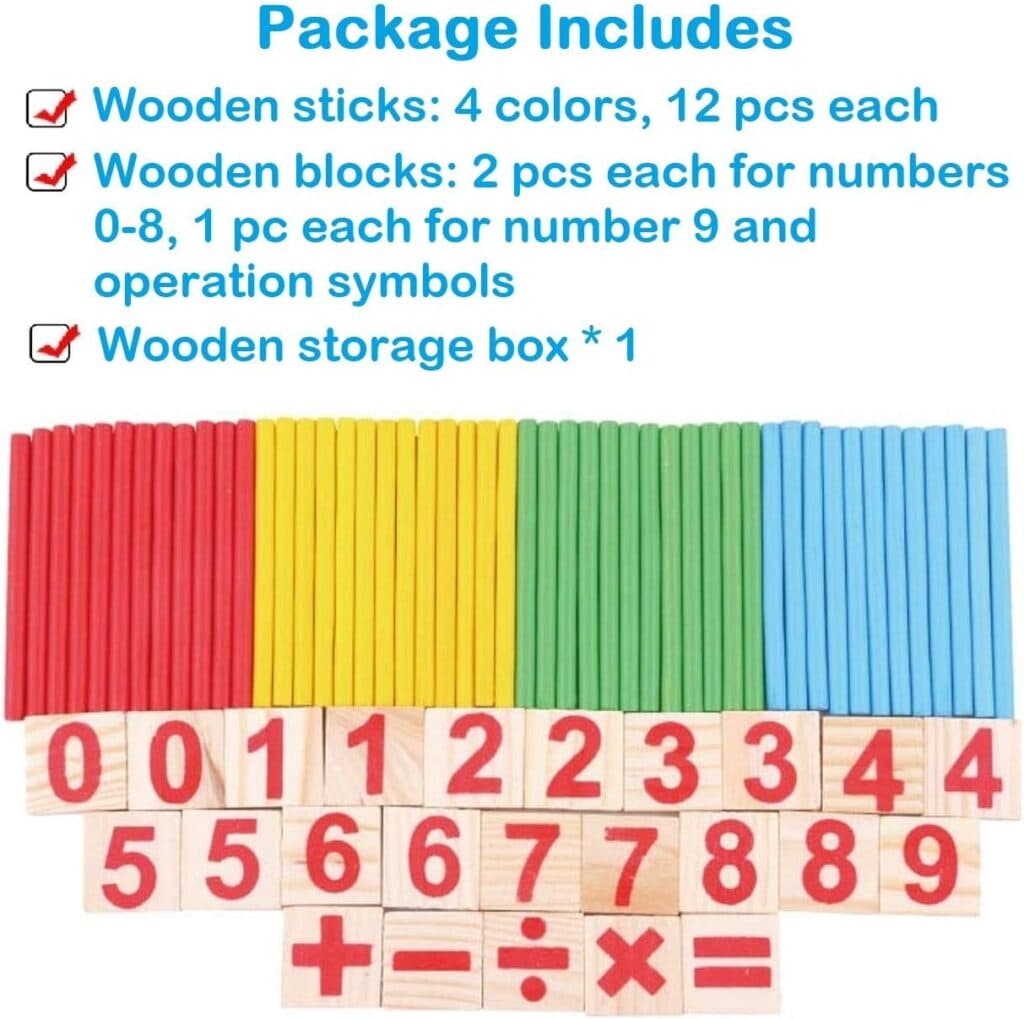 KUTOI Counting Number Blocks and Sticks | Montessori Toys for Kids Learning| Homeschool Supplies for Math manipulatives | Toddlers Educational Wooden rods with Storage Tray