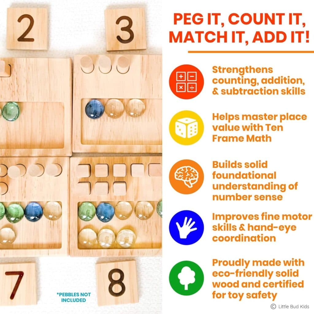 LITTLE BUD KIDS Counting Pegs - A Ten Frame Math Game with Addition and Subtraction Flash Cards, A Wooden Montessori Math Toy Math Manipulatives Number Peg Boards for Kids 3 4 5 6 7