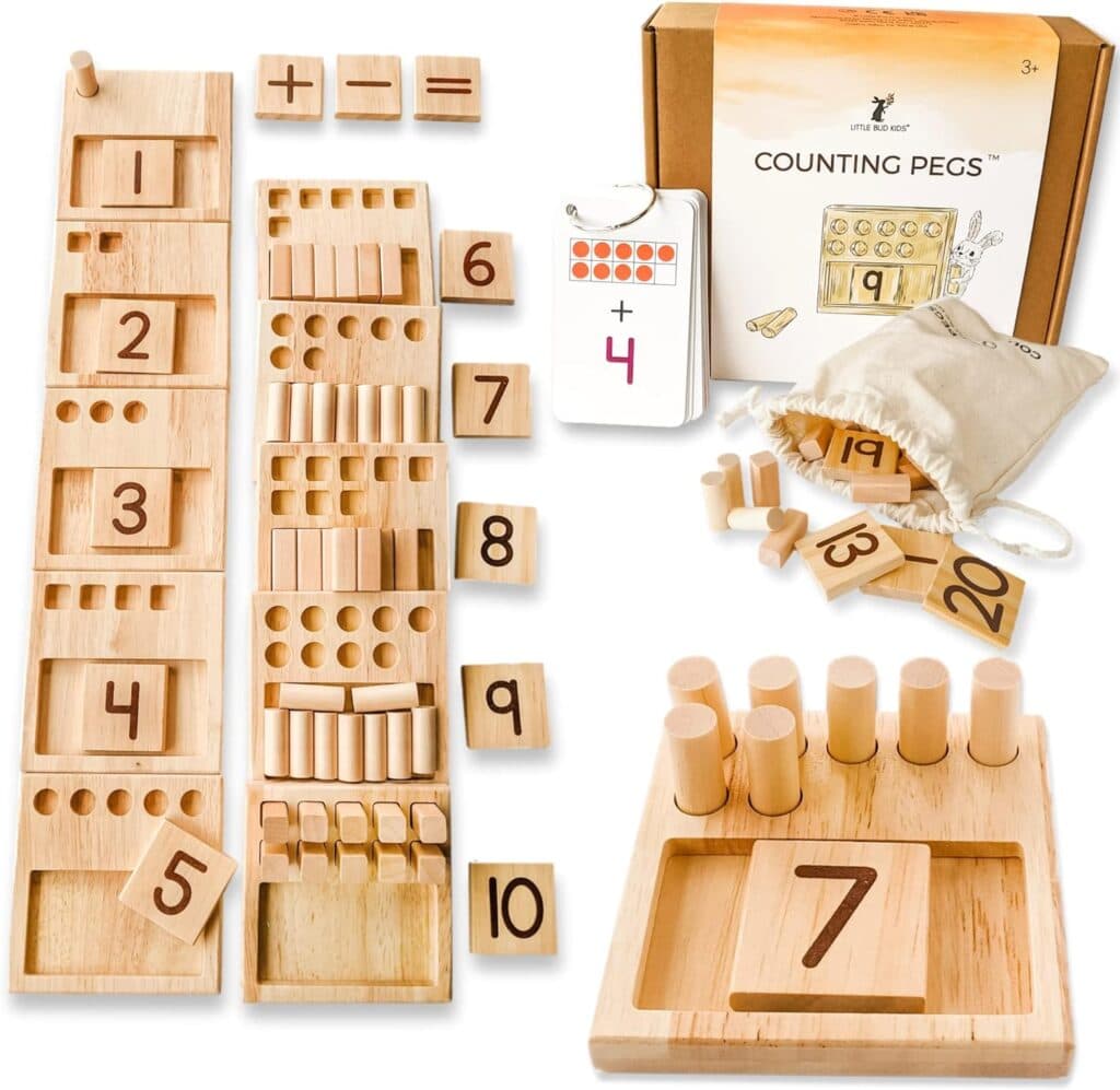 LITTLE BUD KIDS Counting Pegs - A Ten Frame Math Game with Addition and Subtraction Flash Cards, A Wooden Montessori Math Toy Math Manipulatives Number Peg Boards for Kids 3 4 5 6 7