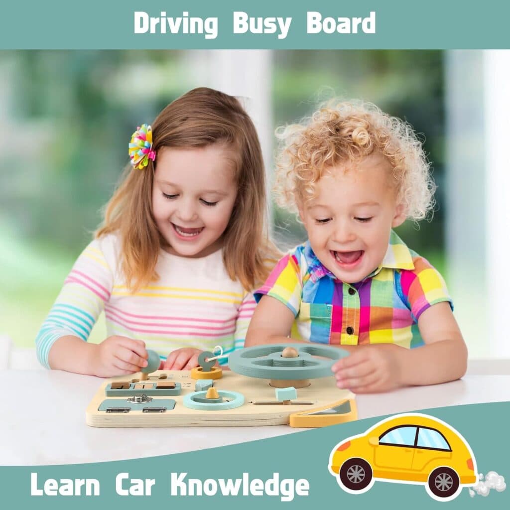 Montessori Busy Board Toy for Toddlers, Car Wooden Sensory Board Educational Toys with 10 Fine Activity Motor Skills, Driving Scene Travel Toys for Toddlers Boys and Girls