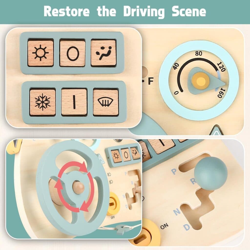 Montessori Busy Board Toy for Toddlers, Car Wooden Sensory Board Educational Toys with 10 Fine Activity Motor Skills, Driving Scene Travel Toys for Toddlers Boys and Girls