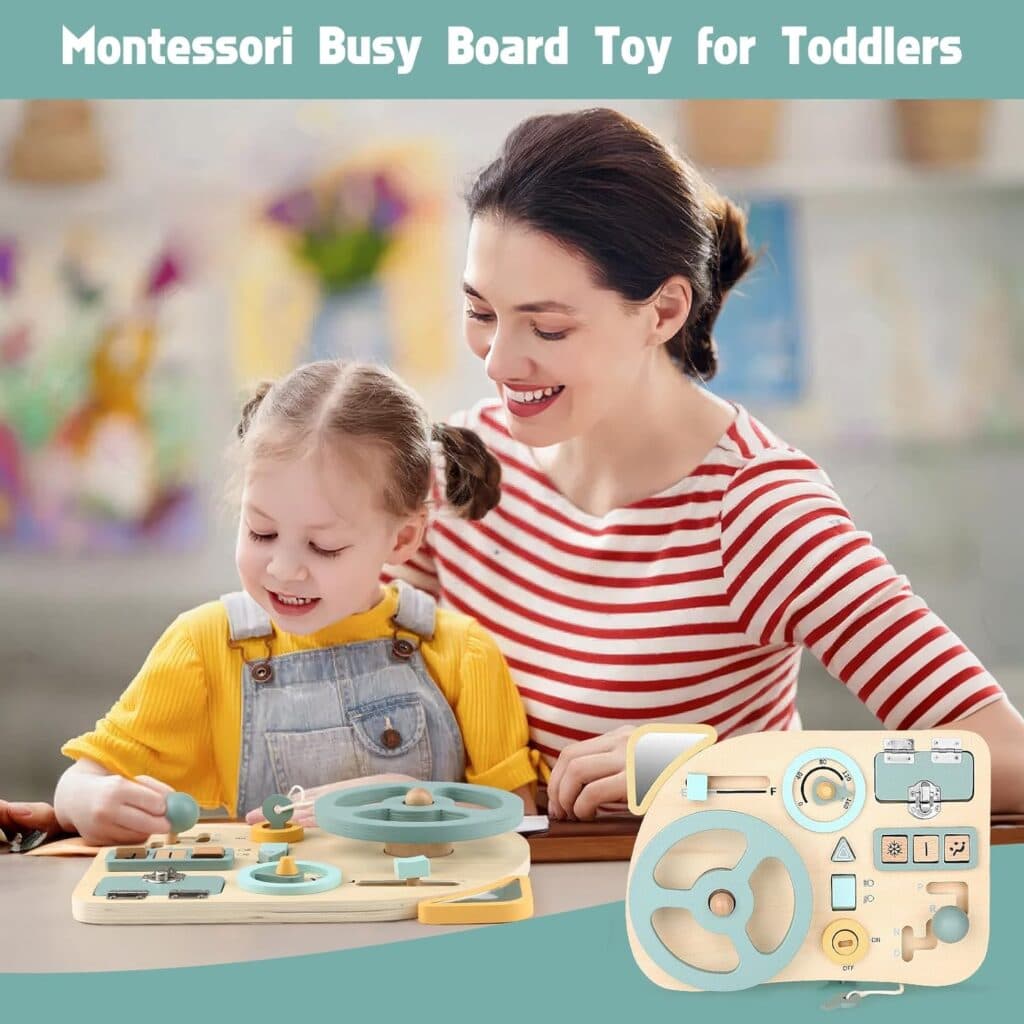 Montessori Busy Board Toy for Toddlers, Car Wooden Sensory Board Educational Toys with 10 Fine Activity Motor Skills, Driving Scene Travel Toys for Toddlers Boys and Girls