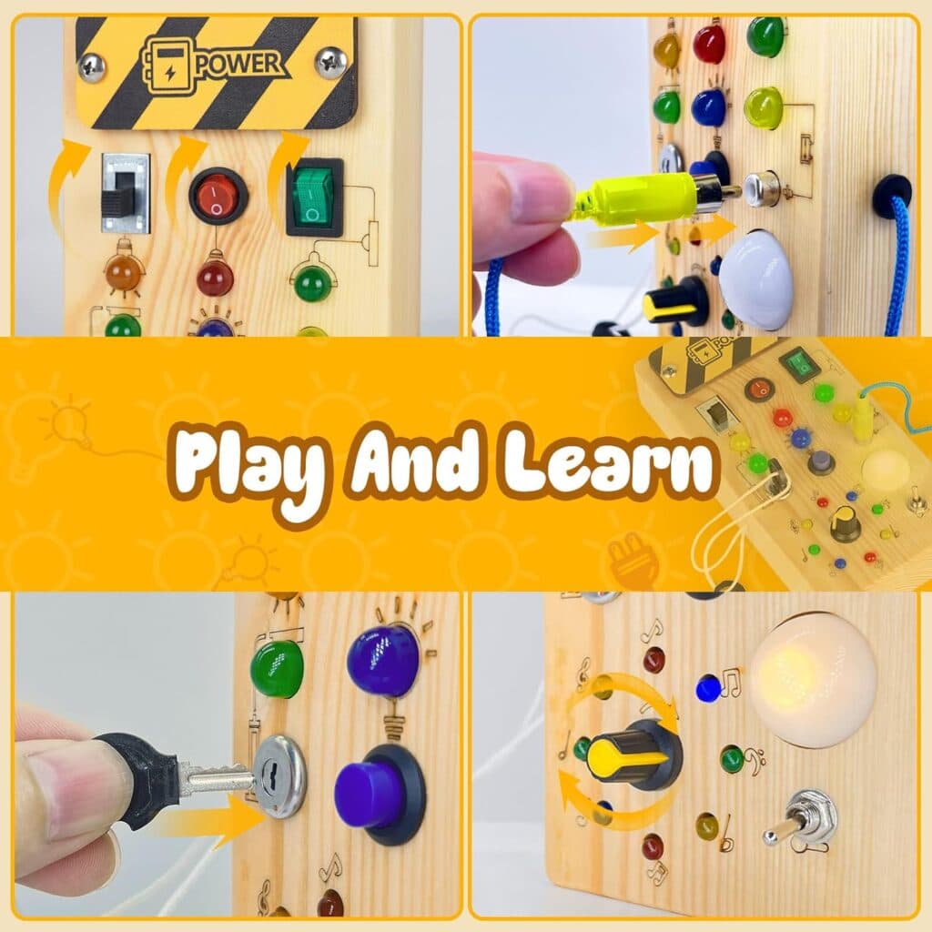 Montessori Toddler Busy Board, Baby Wooden Busy Board with 8 LED Light switches, Sensory Toys Light Switch Toys Travel Toys for 1+ Year Old Baby and Toddler