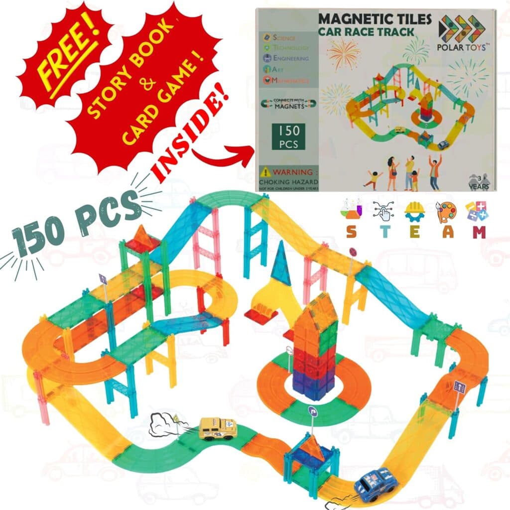 Polar Toys Car Race Track Magnetic Tiles 150 PCS Race Car Track Building Blocks for Kids Magnetic Cars Enhance Engineering Skills Cognitive Development STEM Montessori Toys Gift for Kids Ages 3 4 5 6+