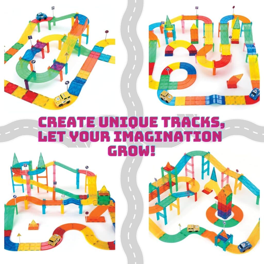 Polar Toys Car Race Track Magnetic Tiles 150 PCS Race Car Track Building Blocks for Kids Magnetic Cars Enhance Engineering Skills Cognitive Development STEM Montessori Toys Gift for Kids Ages 3 4 5 6+