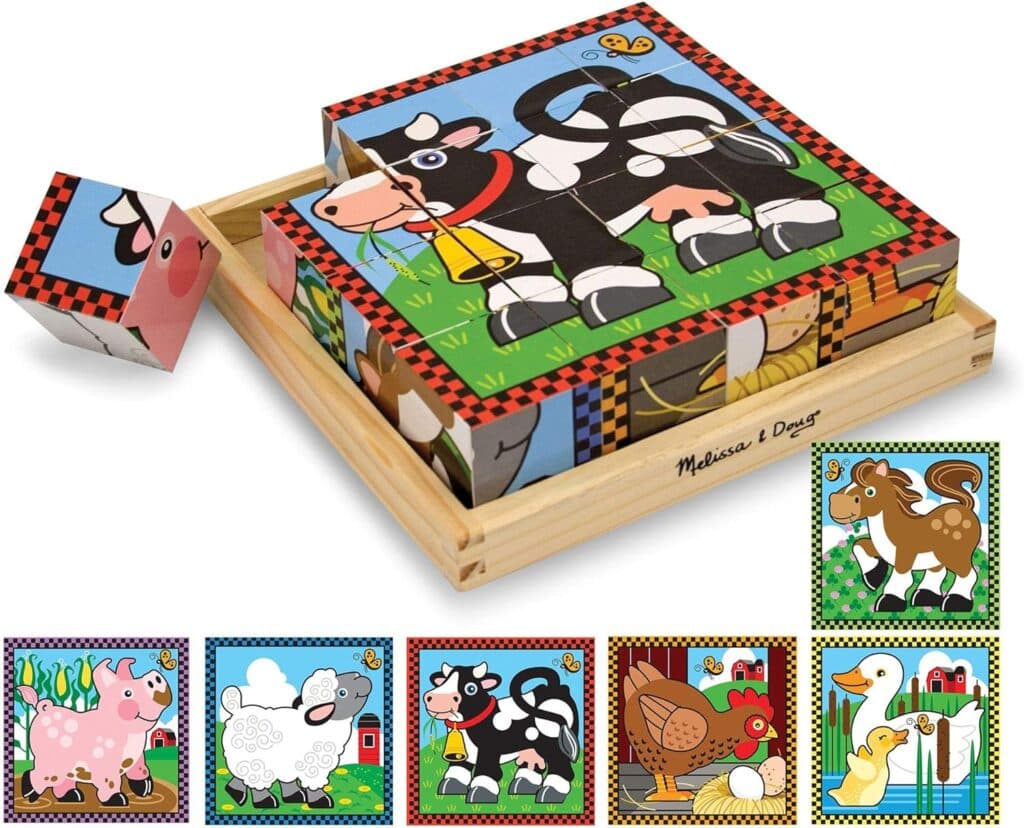 Melissa Doug Farm Wooden Cube Puzzle With Storage Tray - 6 Puzzles in 1 (16 pcs) - Toddler Animal Puzzle -FSC-Certified Materials