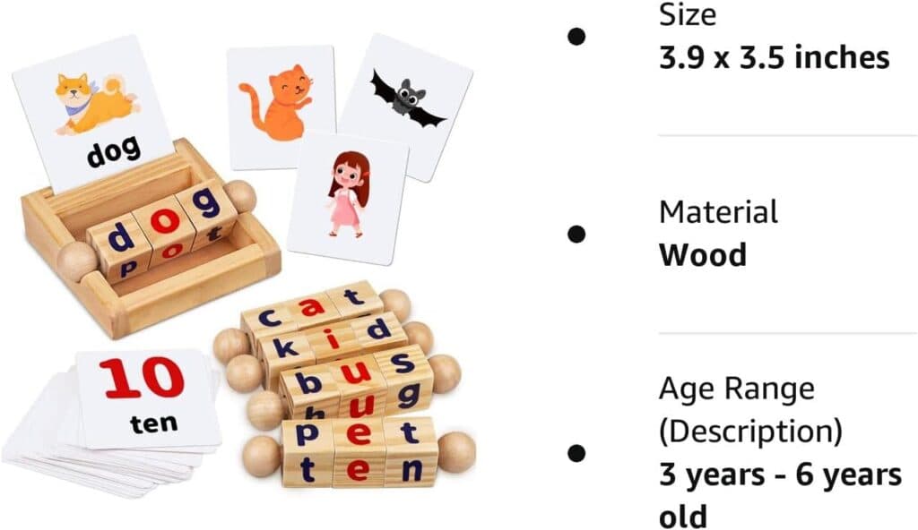 Montessori Toys for Toddlers 2 3 4 Years Old Wooden Reading Blocks Flash Cards Short Vowel Turning Rotating Matching Letters Toy for Kids Educational Alphabet Learning Toys for Preschool Boys Girls