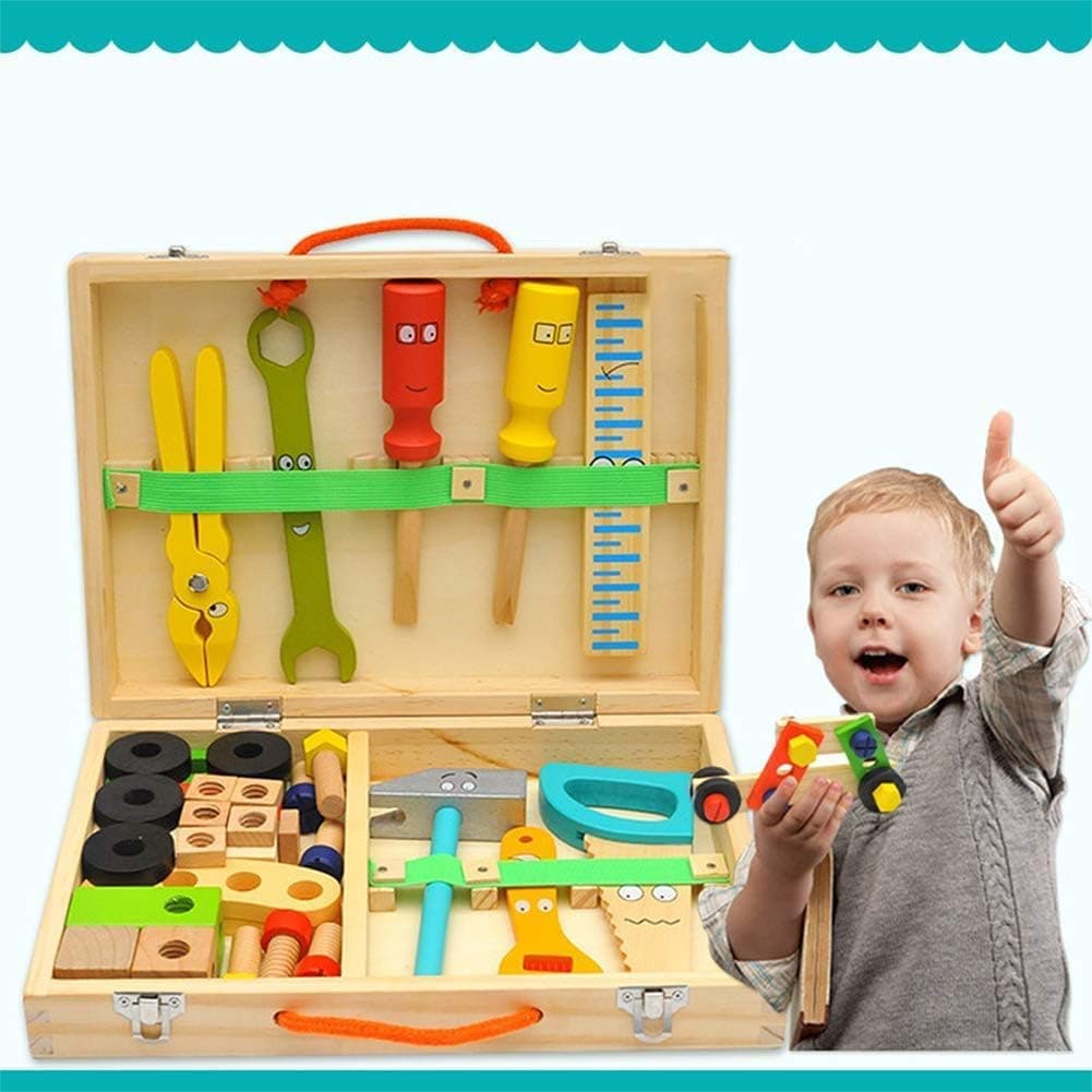 KIDWILL Tool Kit for Kids, 37 pcs Wooden Toddler Tools Set Includes Tool Box Stickers, Montessori Educational STEM Construction Toys for 2 3 4 5 6 Year Old Boys Girls, Best Birthday Gift for Kids