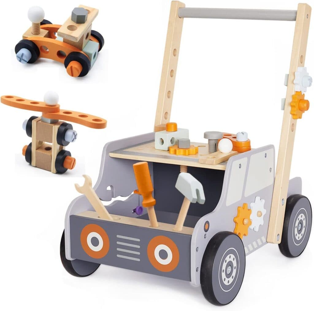 labebe Baby Push Walker, Tool Bench for Toddlers, Wooden Walker for Baby Boy and Girl, Kids Workbench, Baby Activity Center, Toddler Montessori Toys for 1-3 Year Old