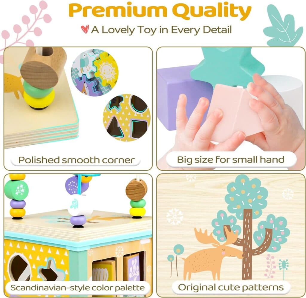 Wooden Activity Cube Montessori Toys for 12M+ Toddlers 1-3 Learning Toys for 1 + Year Old Boys Girls Baby Sensory Interactive Toys Birthday Gift