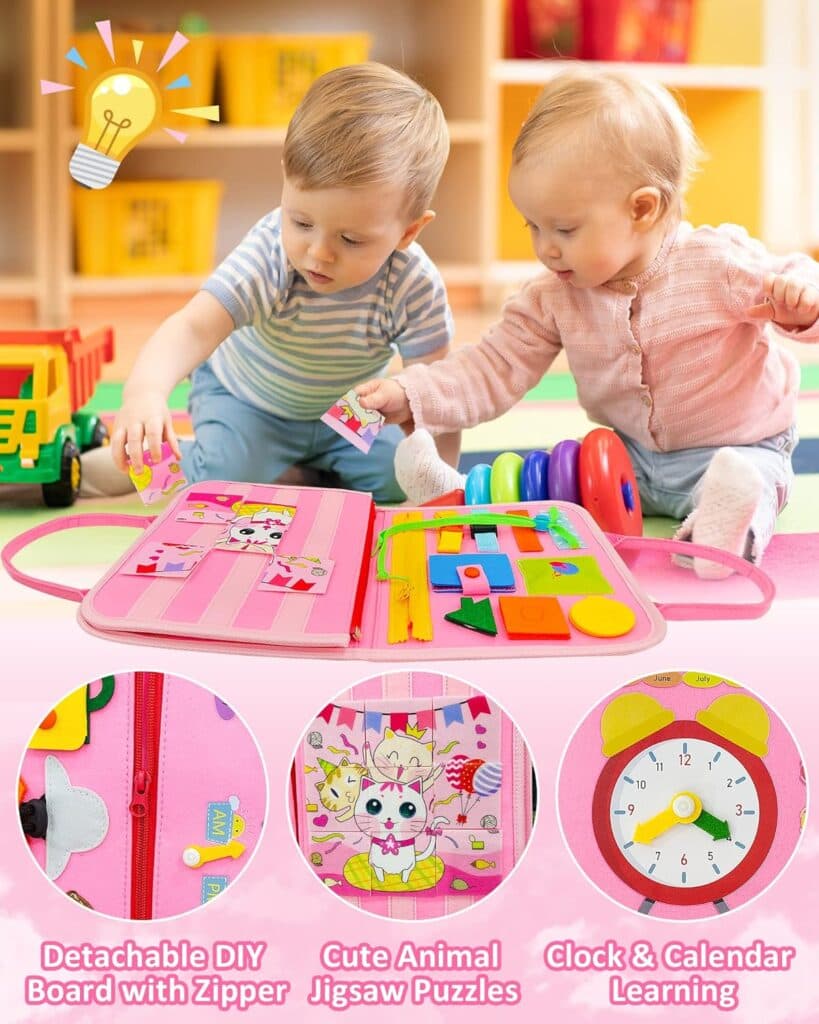 Exorany Busy Board Montessori Toys for 1 2 3 4 Year Old Girls Boys Gifts, Sensory Toys for Toddlers 1-3, Autism Educational Travel Toys, Preschool Activities for Learning Fine Motor Skills (Pink)