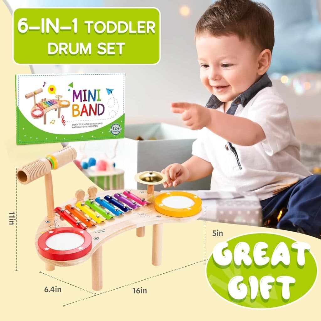 JUSTWOOD Baby Drum Set, Montessori Musical Instruments for Toddlers 1-3, All in 1 Wooden Percussion Xylophone Toddler Drum, Educational Sensory Musical Toys Birthday Gift for 3 Year Old Boys and Girls