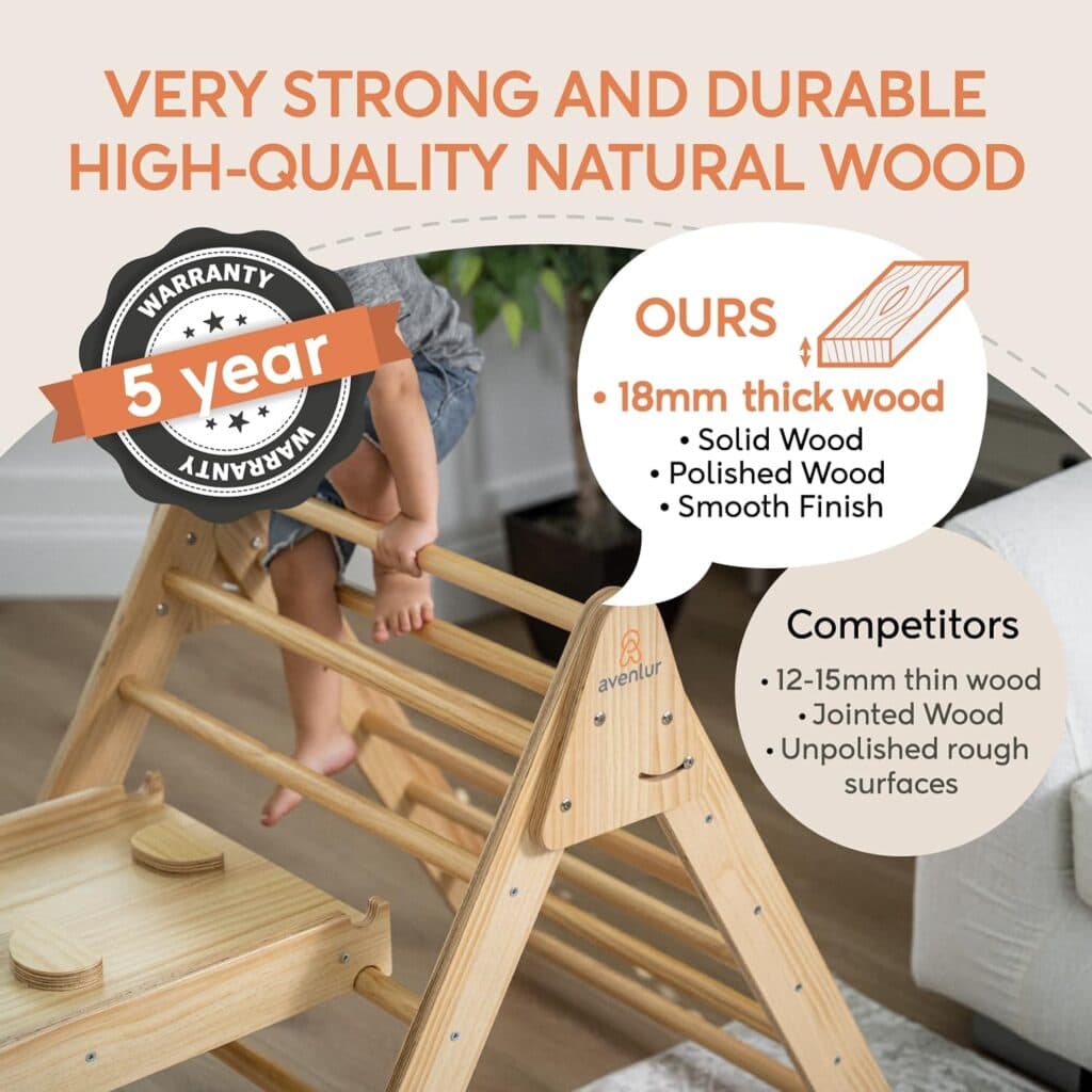 Avenlur Hazel 5-in-1 Indoor Climbing Gym - Waldorf and Montessori Climbing Set with Triangle Ladder, Climbing Ramp, Arch Climber, Rocker, and Slide - Montessori Toys for Children 18mo to 7yr (Natural)