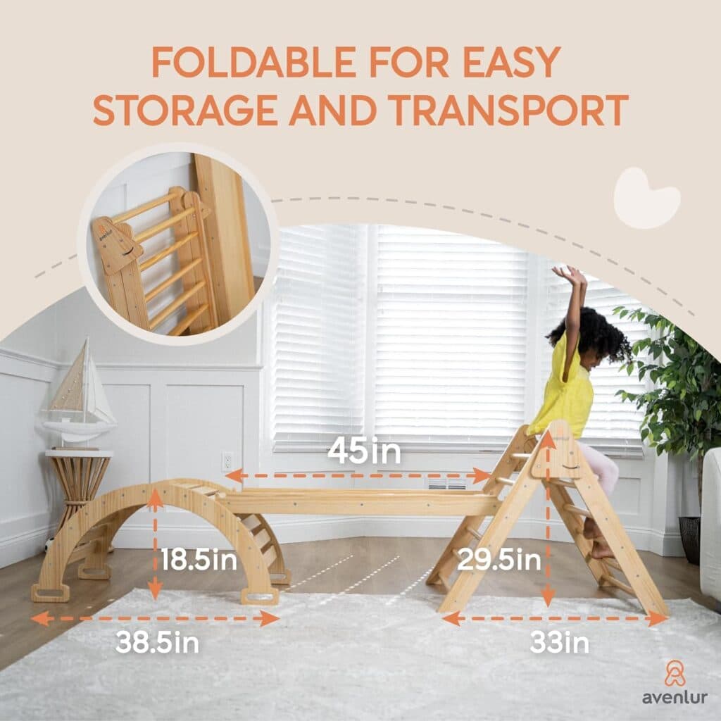 Avenlur Hazel 5-in-1 Indoor Climbing Gym - Waldorf and Montessori Climbing Set with Triangle Ladder, Climbing Ramp, Arch Climber, Rocker, and Slide - Montessori Toys for Children 18mo to 7yr (Natural)