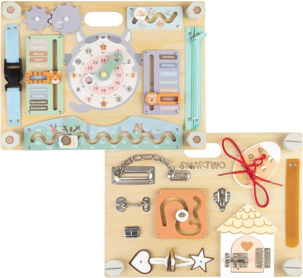 Double-Sided Montessori Busy Board for Toddlers Sensory Activities, Educational Wooden Toy for Kids Aging 2 to 5 Years Old, Ideal Choice for Baby Girls or Boys Birthday