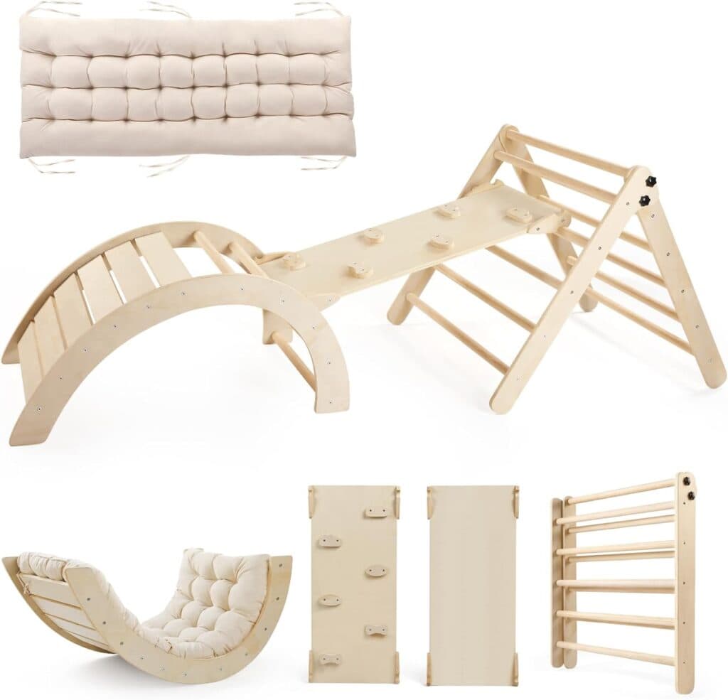Pikler Triangle Set with Cushion, 5 in 1 Montessori Foldable Climbing Set, Climbing Indoor Playground Toys Set for Toddlers, Wooden Climbing Toys with Ramp and Arch Climber for Kids