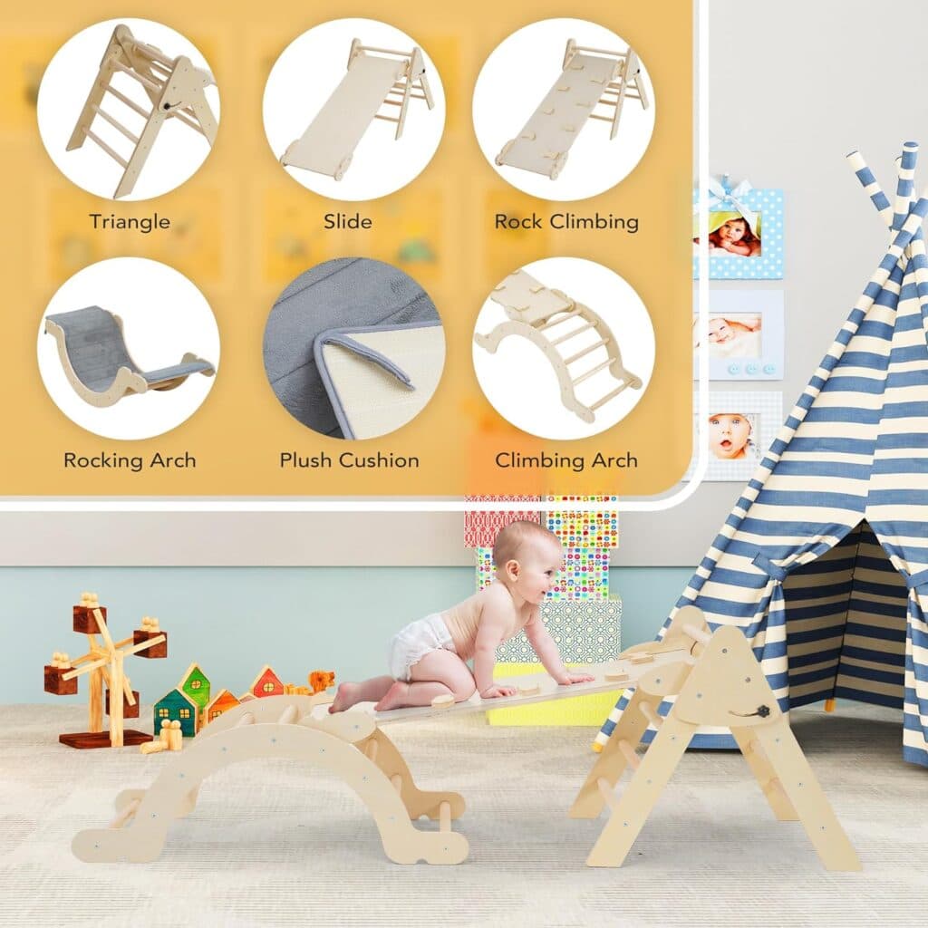 Pikler Triangle Set with Cushion, Arch and Slide, Toddler Climbing Toys Indoor Playground, Montessori Climbing Set, Indoor Jungle Gym, Wooden Pickler-3 Piece Climbing Gym for Kids 2-6yr