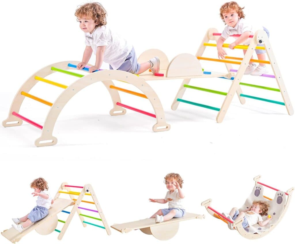 5 in 1 Pikler Triangle Set, Adjustable Height Climbing Toys for Toddlers 1-3 Inside, Foldable Climbing Toys Indoor Gym Wooden Montessori Climbing Set, Kids Toys with Ramp Sliding