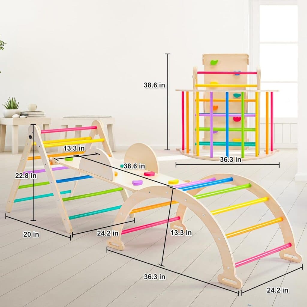 5 in 1 Pikler Triangle Set, Adjustable Height Climbing Toys for Toddlers 1-3 Inside, Foldable Climbing Toys Indoor Gym Wooden Montessori Climbing Set, Kids Toys with Ramp Sliding