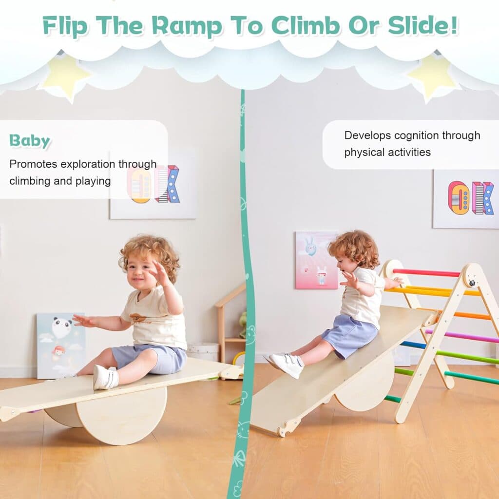 5 in 1 Pikler Triangle Set, Adjustable Height Climbing Toys for Toddlers 1-3 Inside, Foldable Climbing Toys Indoor Gym Wooden Montessori Climbing Set, Kids Toys with Ramp Sliding