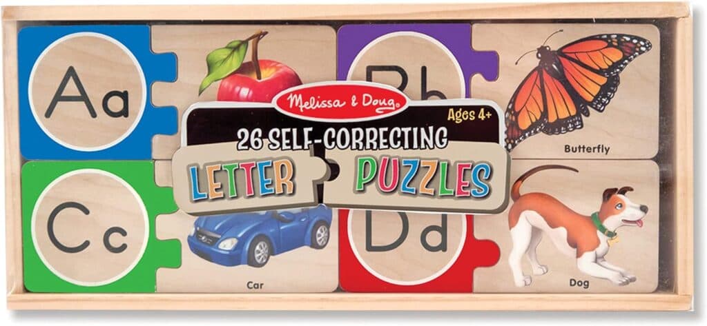 Melissa Doug Self-Correcting Alphabet Wooden Puzzles With Storage Box (52 pcs) - ABC Puzzles, Wooden Alphabet Puzzle For Kids Ages 4+
