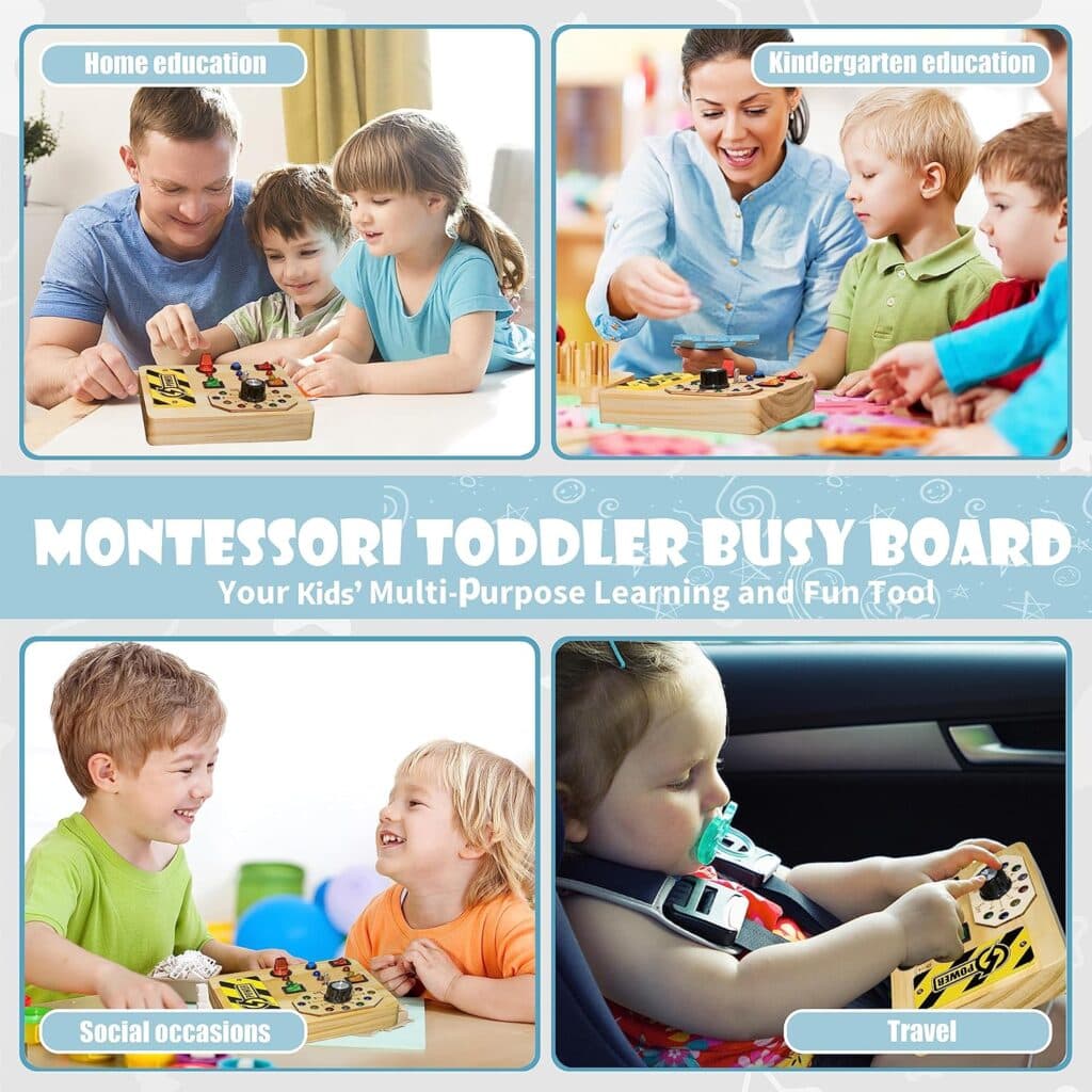 Montessori Toddler Busy Board Toys with LED Light Switch, Sensory Board Toys for Toddlers, Wooden Baby Busy Board Toys Travel Toys for Educational Toddler Activities for Boys Girls Learning Gift
