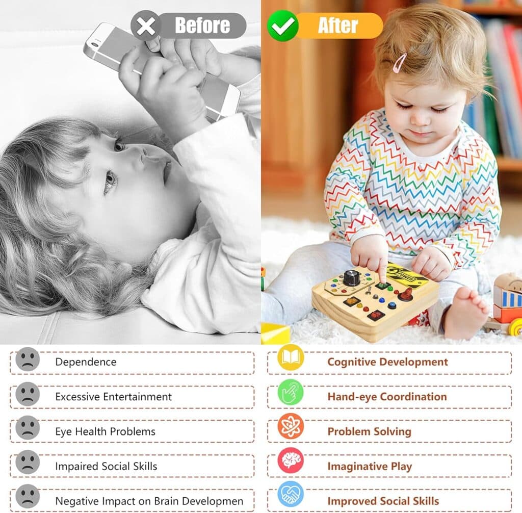 Montessori Toddler Busy Board Toys with LED Light Switch, Sensory Board Toys for Toddlers, Wooden Baby Busy Board Toys Travel Toys for Educational Toddler Activities for Boys Girls Learning Gift