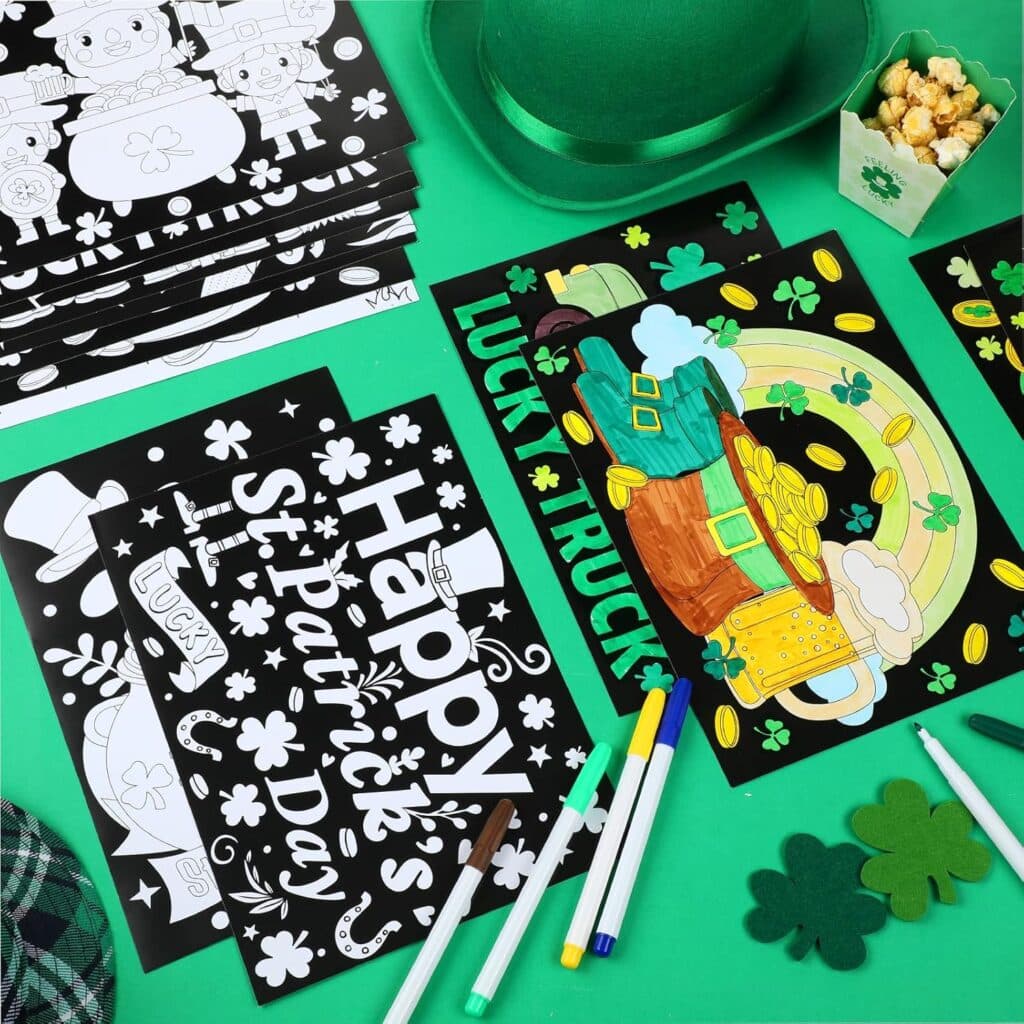 Zhanmai 30 Pcs St. Patricks Day Coloring Posters St. Patricks Day DIY Crafts Bulk Color Your Own Shamrock Irish Elf Hat Posters DIY Crafts for St. Patricks Party School Activities